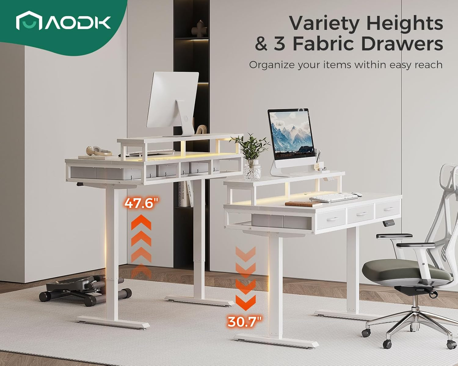 Electric Standing Desk with Drawers, 47 Inch Height Adjustable Small Desk with Power Outlets & LED Lights, Sit Stand Table with Monitor Stand for Home, Office, Workstation, White-3