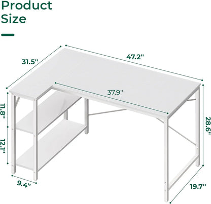 L Shaped Desk, 47 Inches Computer Desk with Reversible Storage Shelves, Gaming Desk, Corner Desk Home Office Desks, Writing Desk Study Desk with Metal Frame, White-2