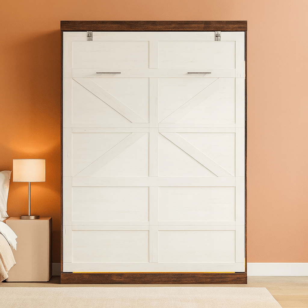 Queen Murphy Bed Cabinet with LED Lights – Farmhouse Wall Bed Frame-1