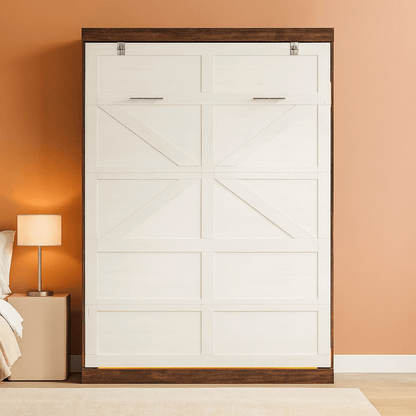 Queen Murphy Bed Cabinet with LED Lights – Farmhouse Wall Bed Frame-1