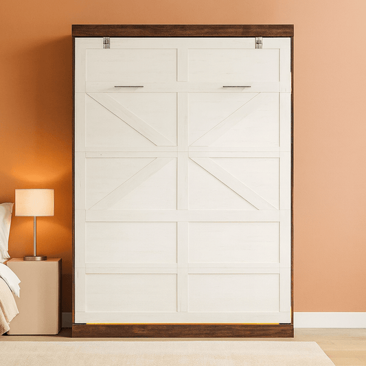 Queen Murphy Bed Cabinet with LED Lights – Farmhouse Wall Bed Frame-1