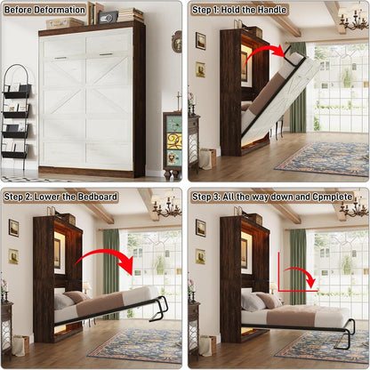 Queen Murphy Bed Cabinet with LED Lights – Farmhouse Wall Bed Frame-3