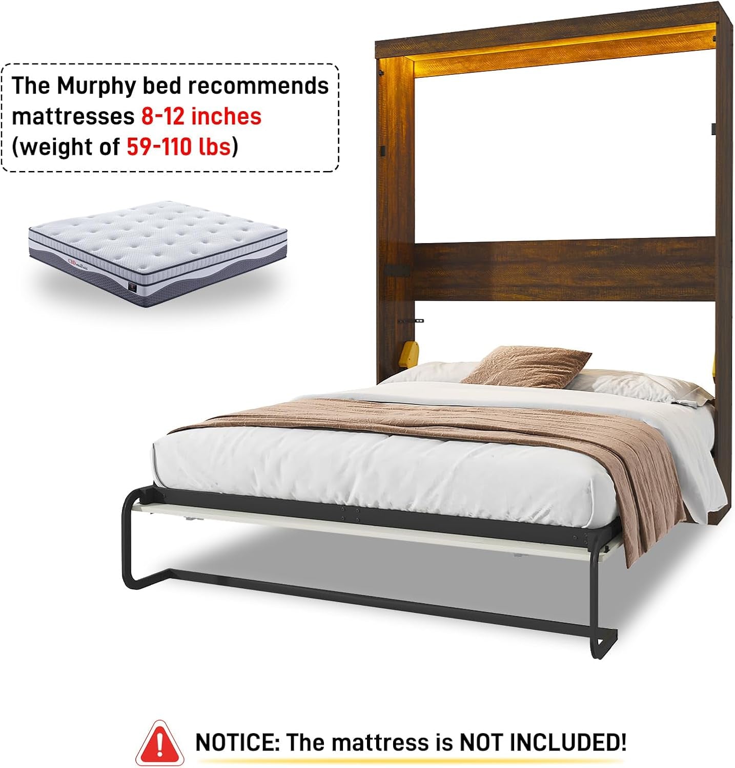 Queen Murphy Bed Cabinet with LED Lights – Farmhouse Wall Bed Frame-4