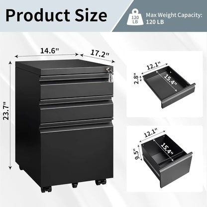 3 Drawer File Cabinet for Home Office, under Desk Mobile Filing Cabinet with Lock for A4-Size/Letter-Size/Legal-Size, Black (HSEJ-3D)-2