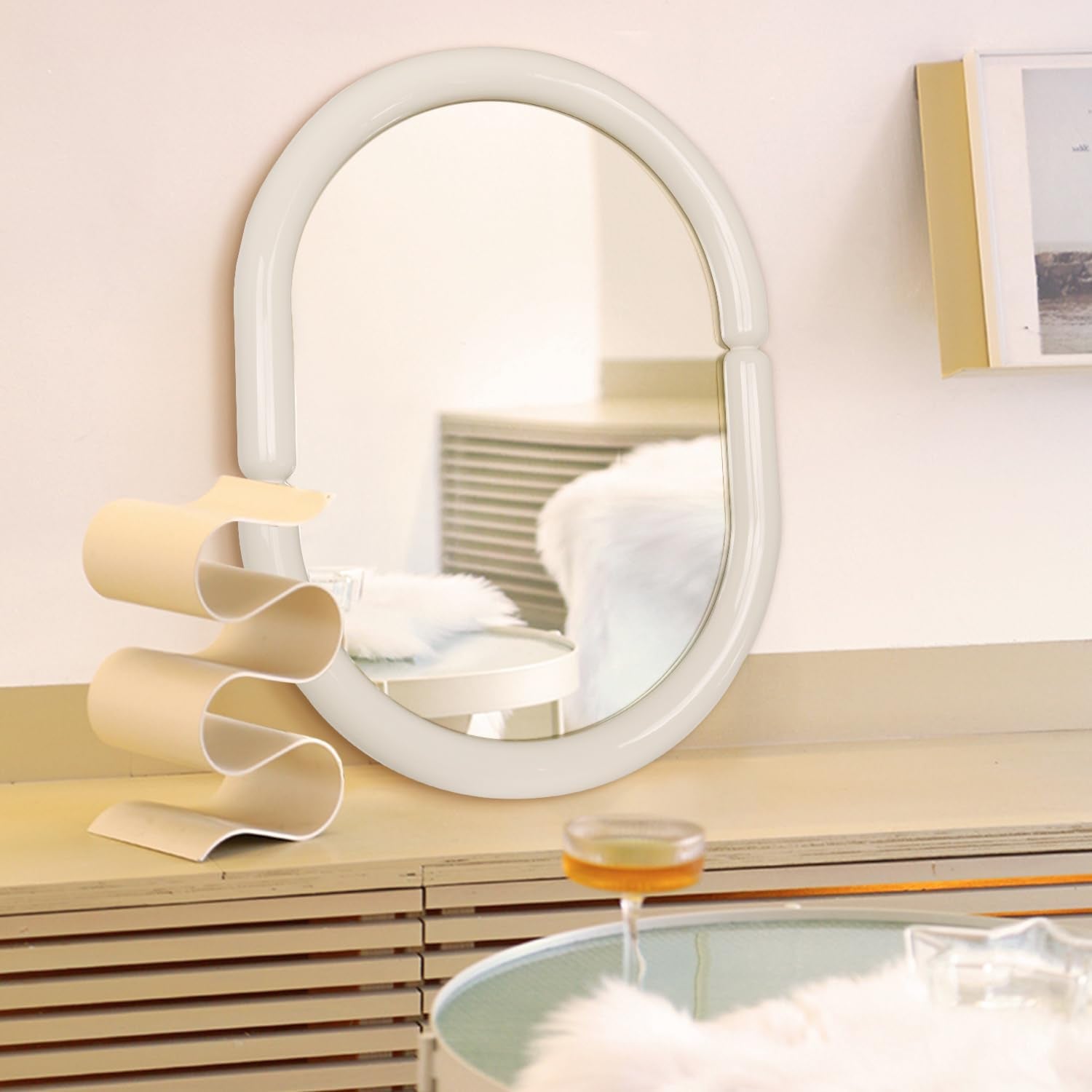Contemporary Bagel-Shaped Wall Mirror with Candy-Colored Futuristic Design - 32''X23'' Cream White-1