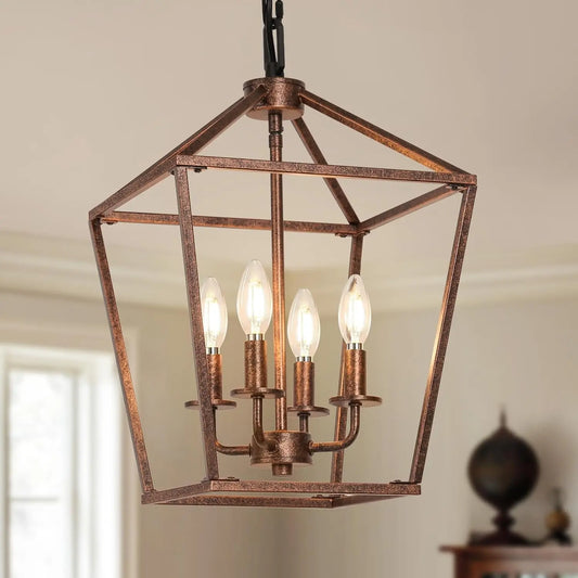 Chandelier for Dining Room, 4-Light Rustic Chandelier Fixtures, Vintage Ceiling Light with Adjustable Height, Antique Bronze Geometric Hanging Light for Bedroom, Foyer, Kitchen, Living Room, Entryway-0