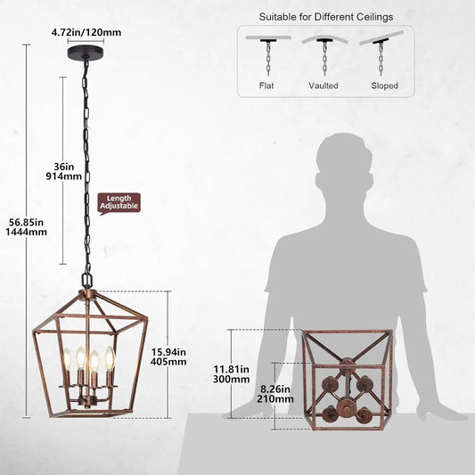 Chandelier for Dining Room, 4-Light Rustic Chandelier Fixtures, Vintage Ceiling Light with Adjustable Height, Antique Bronze Geometric Hanging Light for Bedroom, Foyer, Kitchen, Living Room, Entryway-1