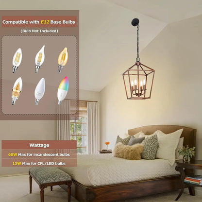Chandelier for Dining Room, 4-Light Rustic Chandelier Fixtures, Vintage Ceiling Light with Adjustable Height, Antique Bronze Geometric Hanging Light for Bedroom, Foyer, Kitchen, Living Room, Entryway-2