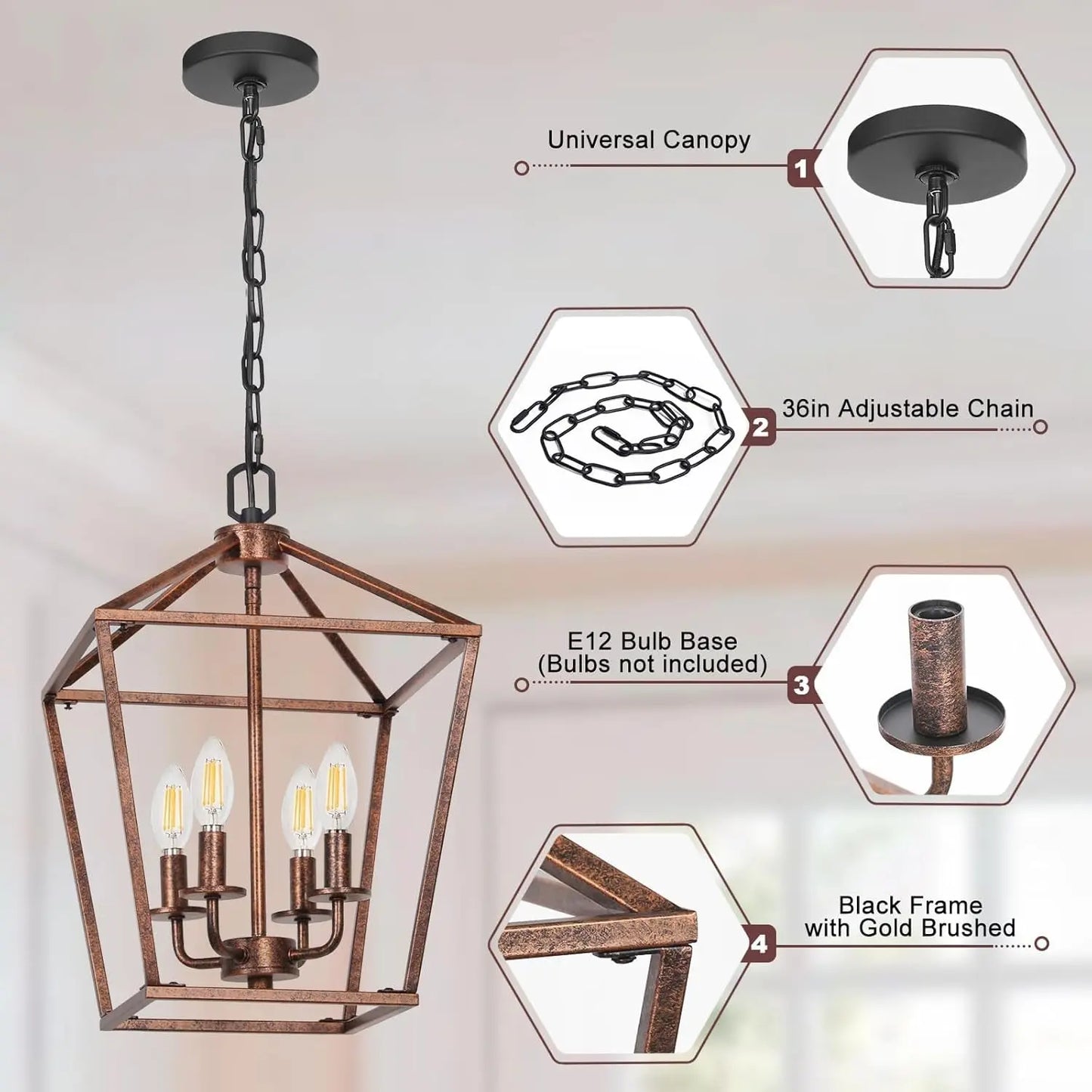 Chandelier for Dining Room, 4-Light Rustic Chandelier Fixtures, Vintage Ceiling Light with Adjustable Height, Antique Bronze Geometric Hanging Light for Bedroom, Foyer, Kitchen, Living Room, Entryway-3