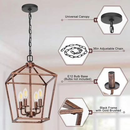 Chandelier for Dining Room, 4-Light Rustic Chandelier Fixtures, Vintage Ceiling Light with Adjustable Height, Antique Bronze Geometric Hanging Light for Bedroom, Foyer, Kitchen, Living Room, Entryway-3