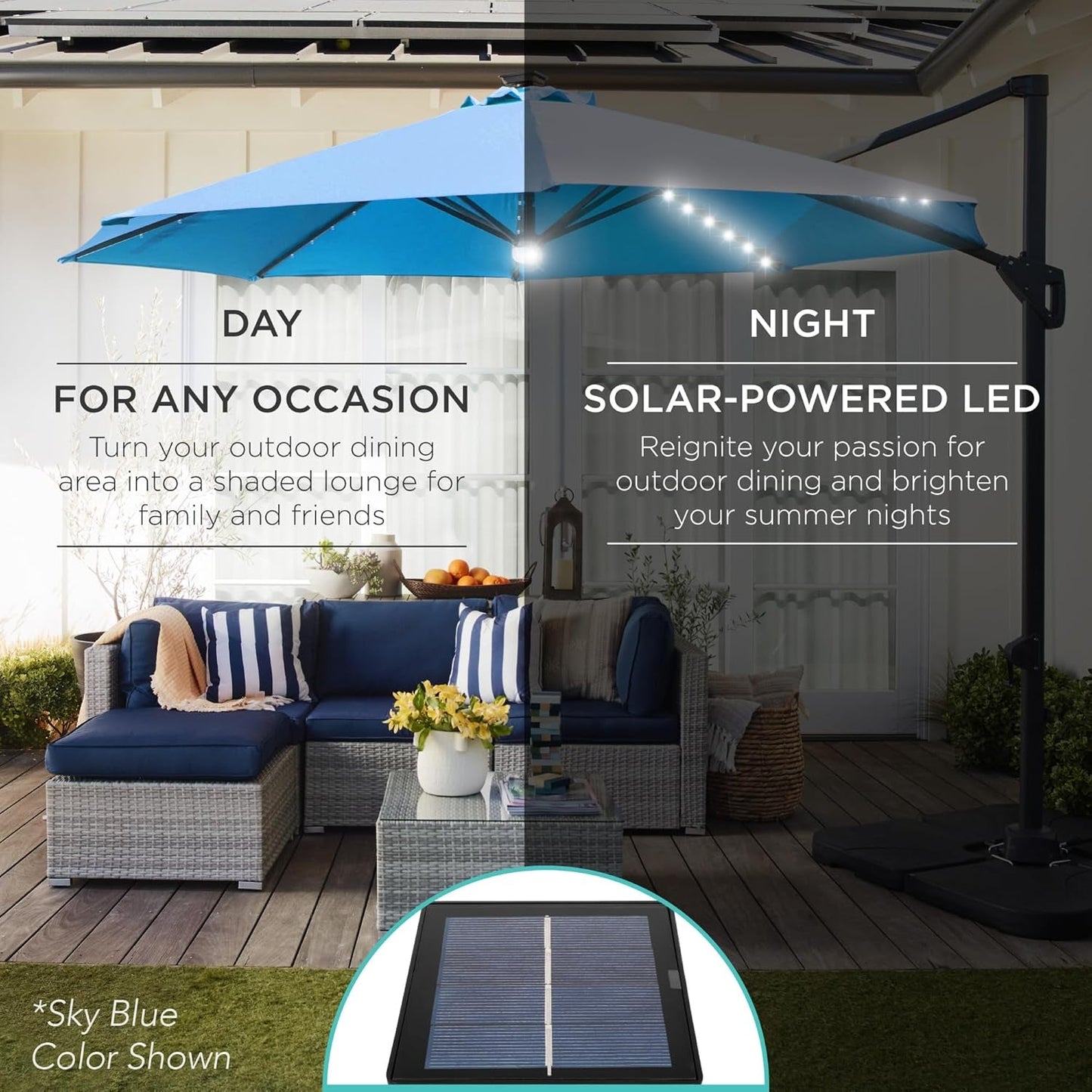 10Ft Solar LED Cantilever Patio Umbrella, 360-Degree Rotation Hanging Offset Market Outdoor Sun Shade for Backyard, Deck, Poolside W/Lights, Easy Tilt, Cross Base-2
