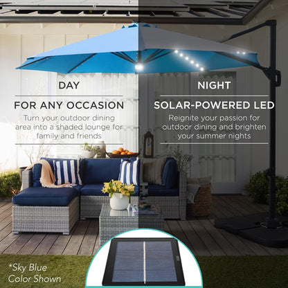 10Ft Solar LED Cantilever Patio Umbrella, 360-Degree Rotation Hanging Offset Market Outdoor Sun Shade for Backyard, Deck, Poolside W/Lights, Easy Tilt, Cross Base-2