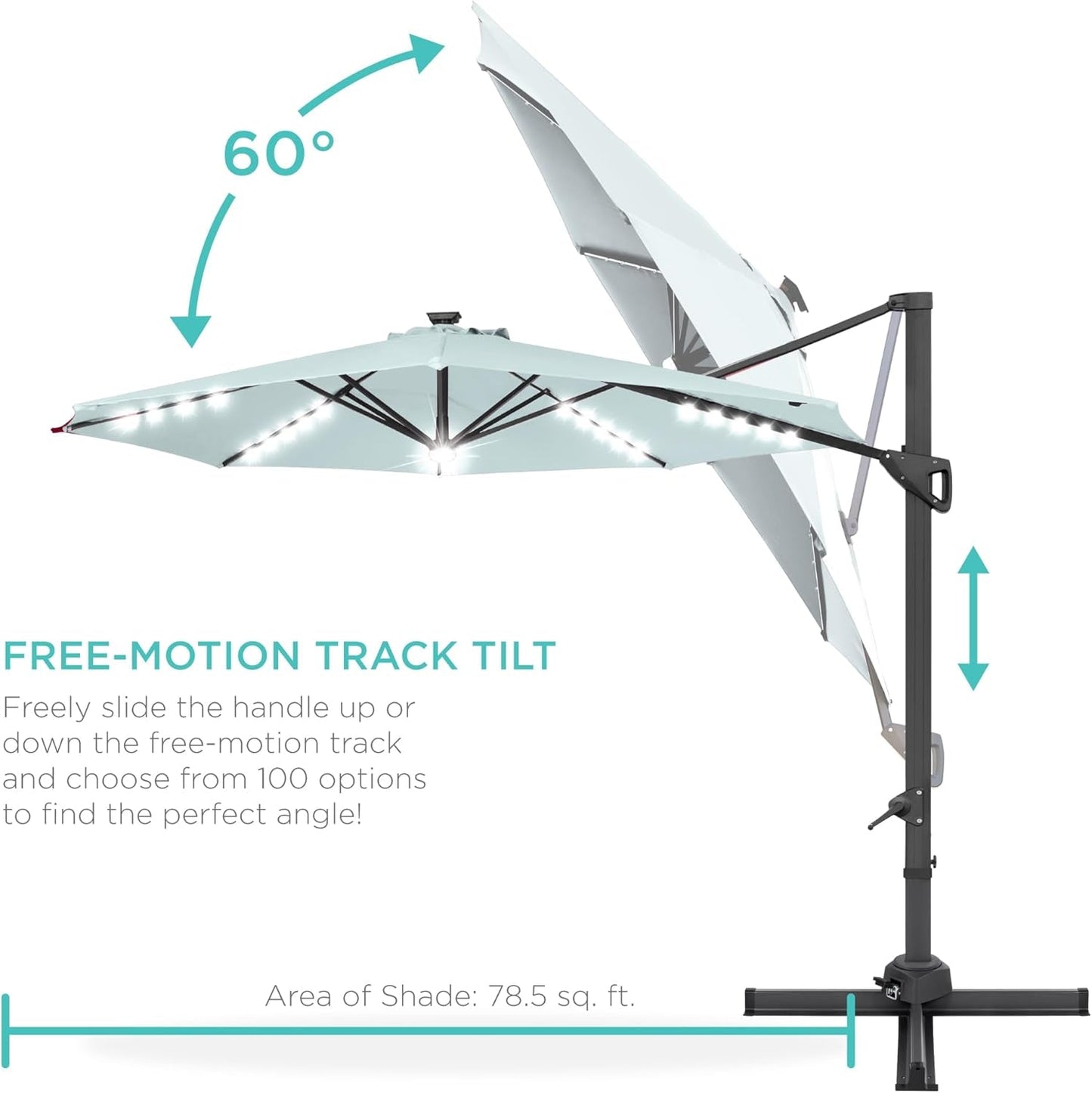 10Ft Solar LED Cantilever Patio Umbrella, 360-Degree Rotation Hanging Offset Market Outdoor Sun Shade for Backyard, Deck, Poolside W/Lights, Easy Tilt, Cross Base-4