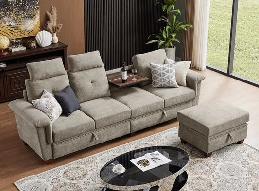 Convertible Sectional Sofa with Storage, 4 Seat L Shaped Couch with Chaise and Cup Holder, Modern Microfiber Fabric Sofas Couches for Living Room, Apartment, Office (Beige)-0