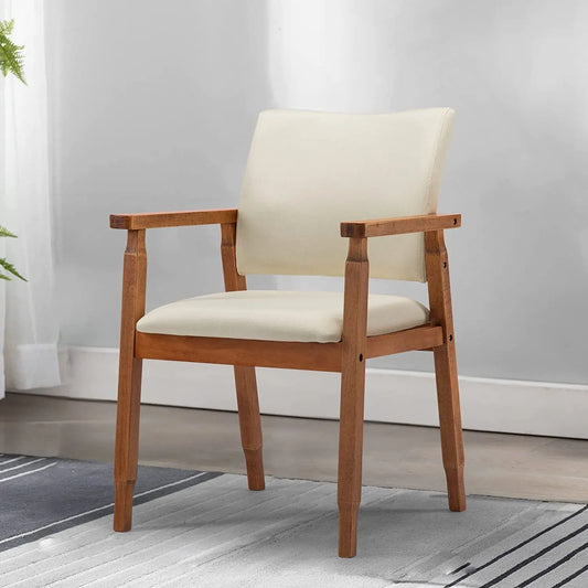 Mid Century Modern Walnut Dining Chairs Wood Arm Beige Fabric Kitchen Cafe Living Room Decor Furniture-0