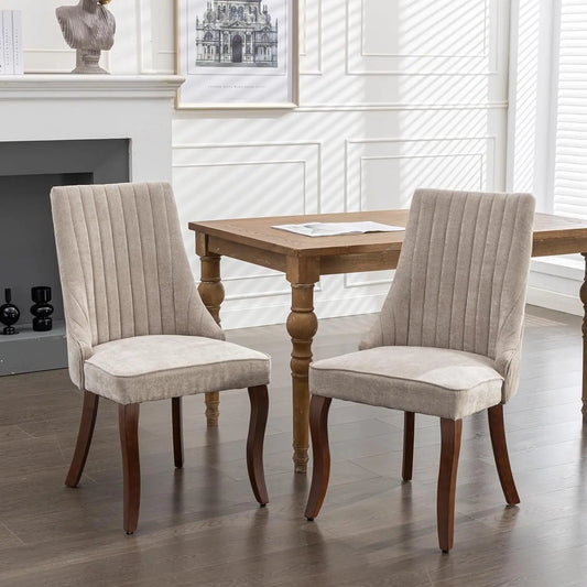 Beige Dining Chairs Set of 2，Comfortable Fabric Channel Tufted Upholstered Dining Room Chairs, Modern Kitchen Chairs for Dining Room with Curved Solid Wood Legs(Beige)-1