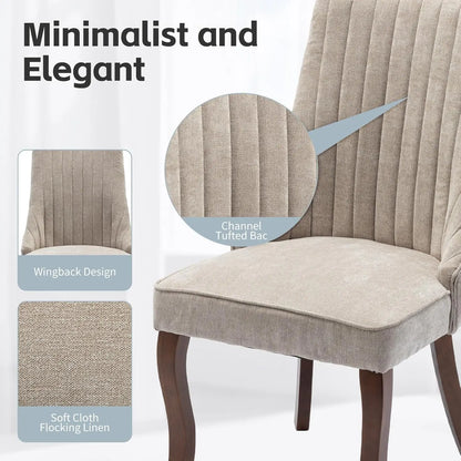 Beige Dining Chairs Set of 2，Comfortable Fabric Channel Tufted Upholstered Dining Room Chairs, Modern Kitchen Chairs for Dining Room with Curved Solid Wood Legs(Beige)-4