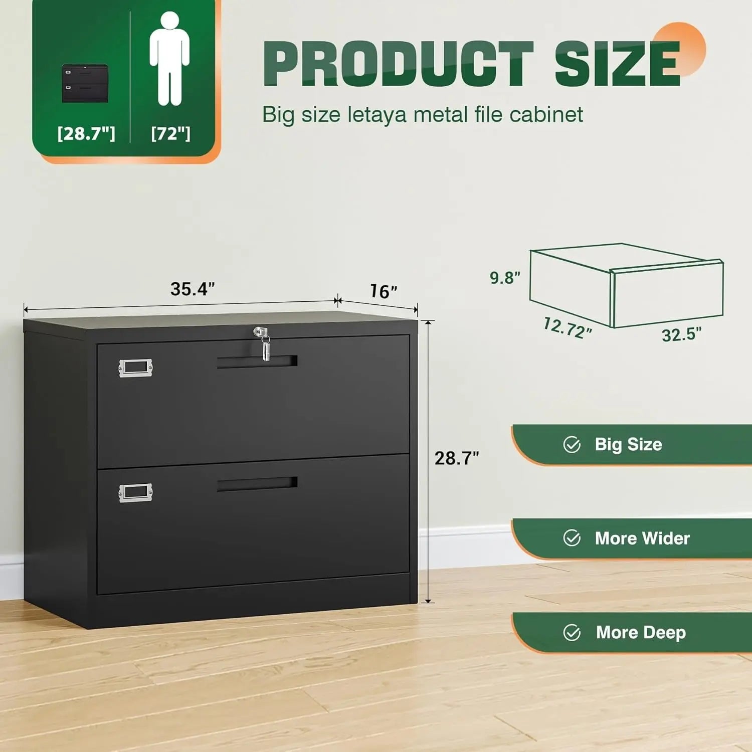 Metal Lateral File Cabinets with Lock,2 Drawer Steel Wide Filing Organization Storage Cabinets,Home Office Furniture for Hanging Files Letter/Legal/F4/A4 Size (Blcak-2 Drawer)-2