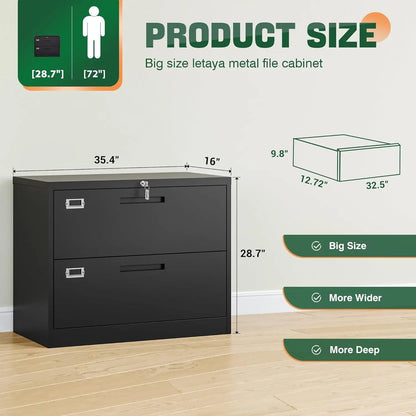 Metal Lateral File Cabinets with Lock,2 Drawer Steel Wide Filing Organization Storage Cabinets,Home Office Furniture for Hanging Files Letter/Legal/F4/A4 Size (Blcak-2 Drawer)-2