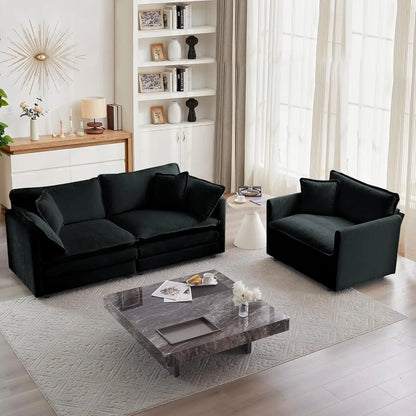 Luxury 2 Piece Loveseat Couch & Sofa Armchair Set, Modern Upholstered Chenille Cloud Couches Set Furniture with 5 Pillow for Living Room Bedroom Office Apartment, Black-0