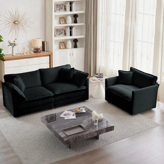 Luxury 2 Piece Loveseat Couch & Sofa Armchair Set, Modern Upholstered Chenille Cloud Couches Set Furniture with 5 Pillow for Living Room Bedroom Office Apartment, Black-0