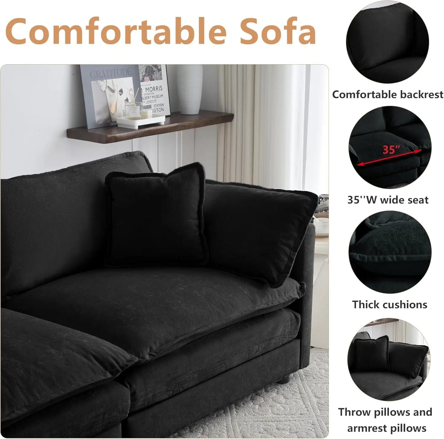 Luxury 2 Piece Loveseat Couch & Sofa Armchair Set, Modern Upholstered Chenille Cloud Couches Set Furniture with 5 Pillow for Living Room Bedroom Office Apartment, Black-2