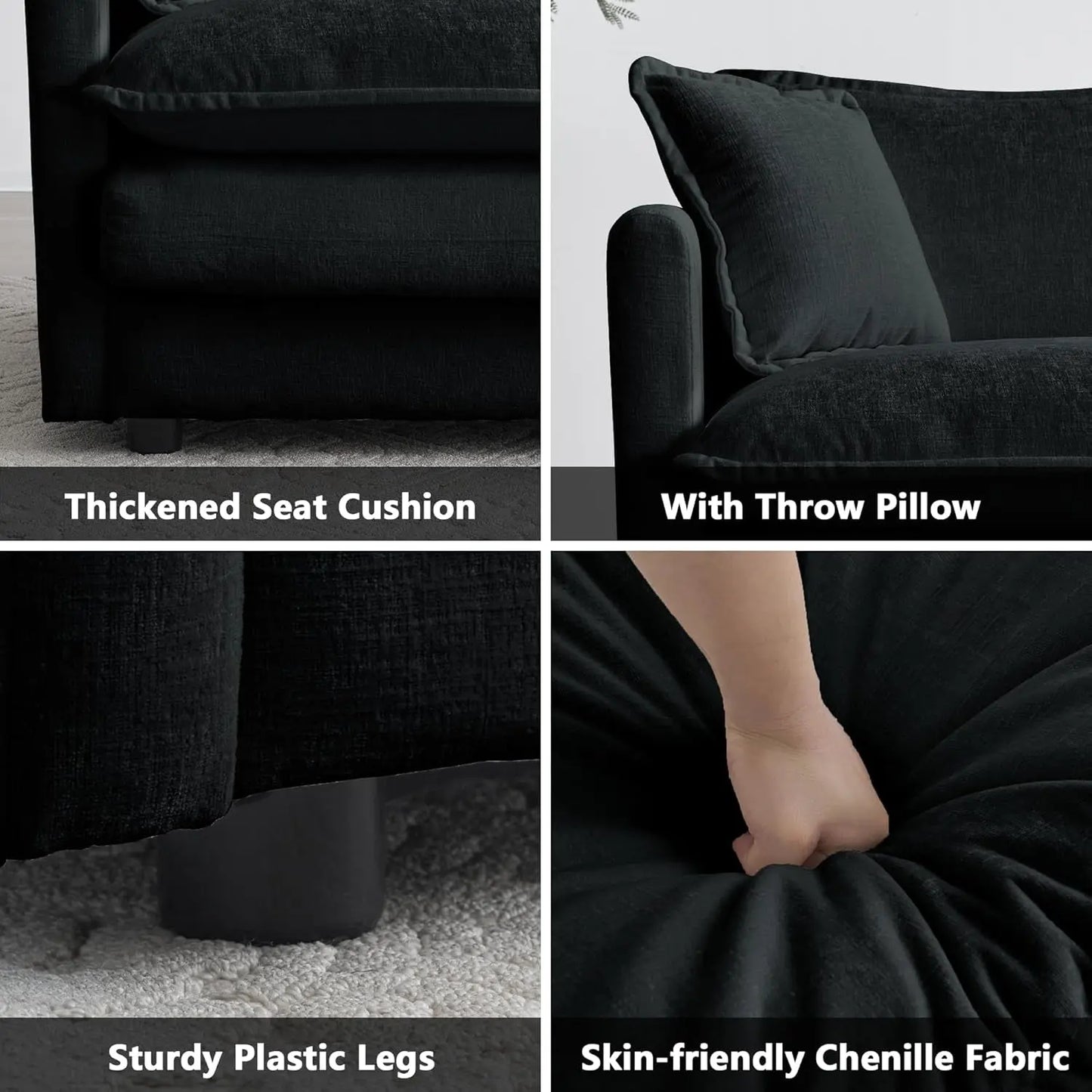Luxury 2 Piece Loveseat Couch & Sofa Armchair Set, Modern Upholstered Chenille Cloud Couches Set Furniture with 5 Pillow for Living Room Bedroom Office Apartment, Black-3