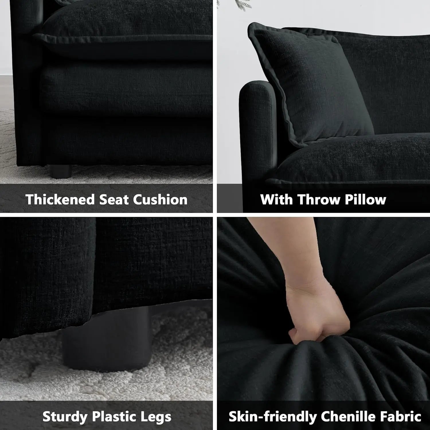 Luxury 2 Piece Loveseat Couch & Sofa Armchair Set, Modern Upholstered Chenille Cloud Couches Set Furniture with 5 Pillow for Living Room Bedroom Office Apartment, Black-3