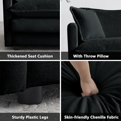 Luxury 2 Piece Loveseat Couch & Sofa Armchair Set, Modern Upholstered Chenille Cloud Couches Set Furniture with 5 Pillow for Living Room Bedroom Office Apartment, Black-3