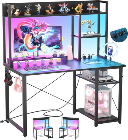 Compact Gaming Desk with LED Lights and Storage Shelves-0