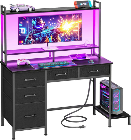 Computer Gaming Desk with Hutch, Home Office Desk with Power Outlets, LED Light, 5 Storage Drawers, 2 Tiers Shelves for Display, 39 Inch Modern Study Writing Table for Bedroom, Black-0