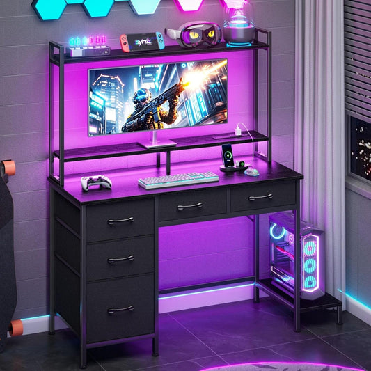 Computer Gaming Desk with Hutch, Home Office Desk with Power Outlets, LED Light, 5 Storage Drawers, 2 Tiers Shelves for Display, 39 Inch Modern Study Writing Table for Bedroom, Black-1