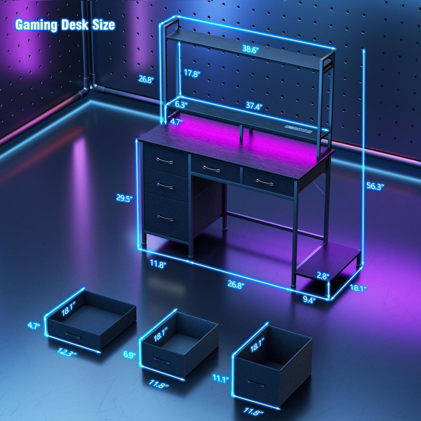 Computer Gaming Desk with Hutch, Home Office Desk with Power Outlets, LED Light, 5 Storage Drawers, 2 Tiers Shelves for Display, 39 Inch Modern Study Writing Table for Bedroom, Black-2