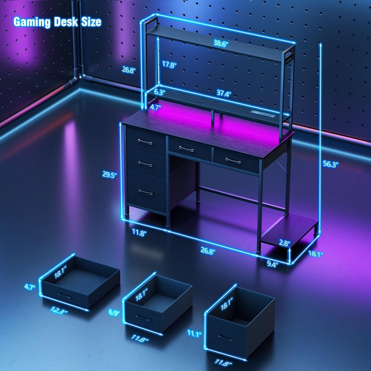 Computer Gaming Desk with Hutch, Home Office Desk with Power Outlets, LED Light, 5 Storage Drawers, 2 Tiers Shelves for Display, 39 Inch Modern Study Writing Table for Bedroom, Black-2