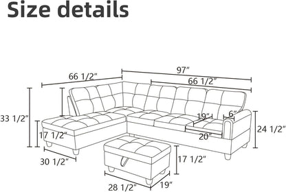 L Shaped Sectional Couches for Living Room, Modular Sectional Sofa with Ottoman Storage, Modern Comfy 4 Seat L Shaped Couch with Chaise for Bedroom Apartment Furniture, Black-2