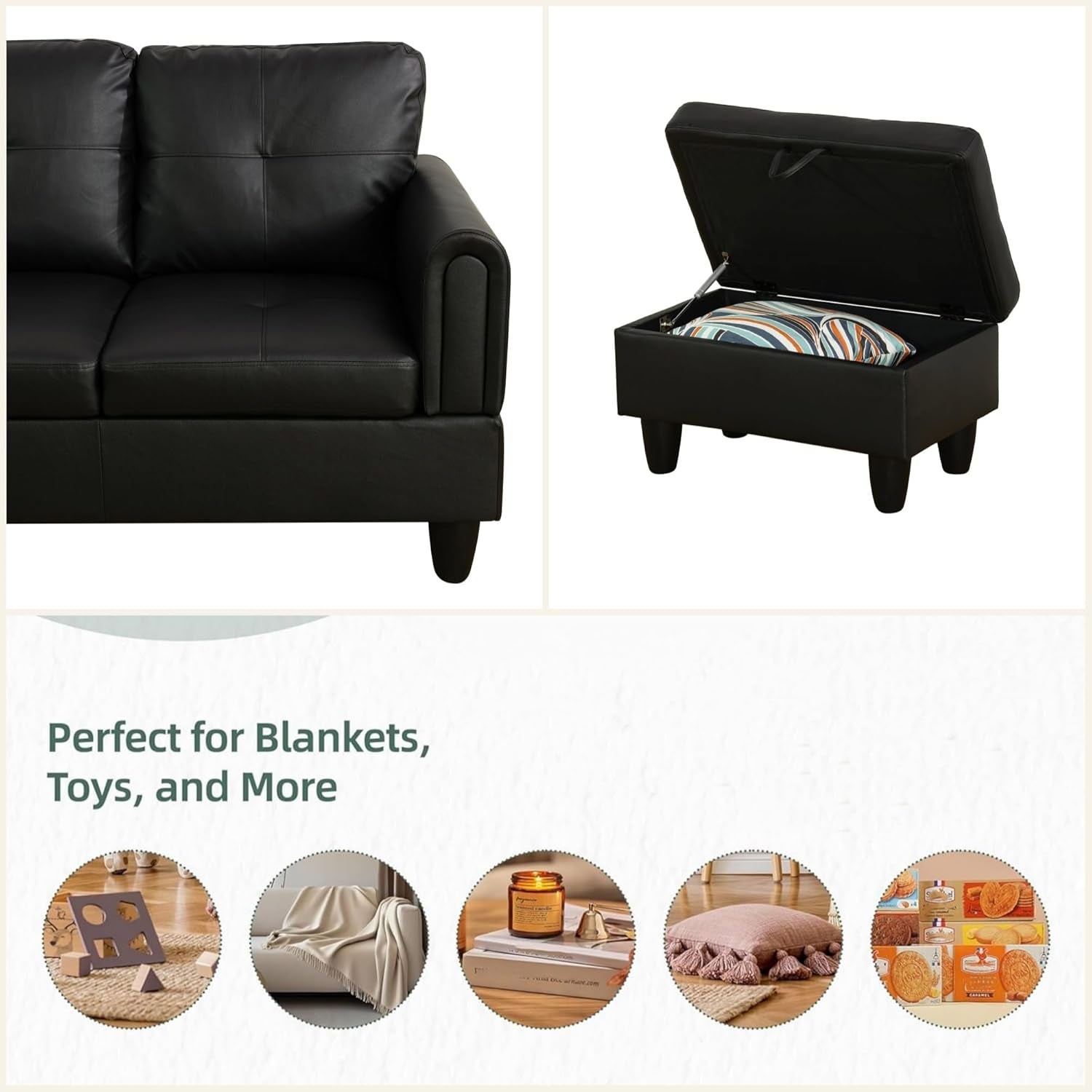 L Shaped Sectional Couches for Living Room, Modular Sectional Sofa with Ottoman Storage, Modern Comfy 4 Seat L Shaped Couch with Chaise for Bedroom Apartment Furniture, Black-3