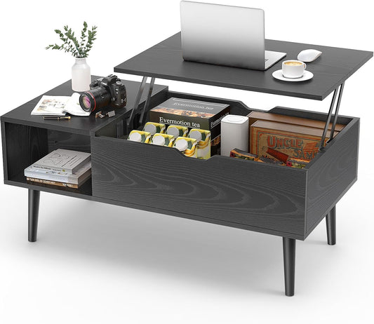 Coffee Table Black, Lift Top Coffee Tables for Living Room, Small Rising Wooden Dining Center Tables with Storage Shelf and Hidden Compartment-0