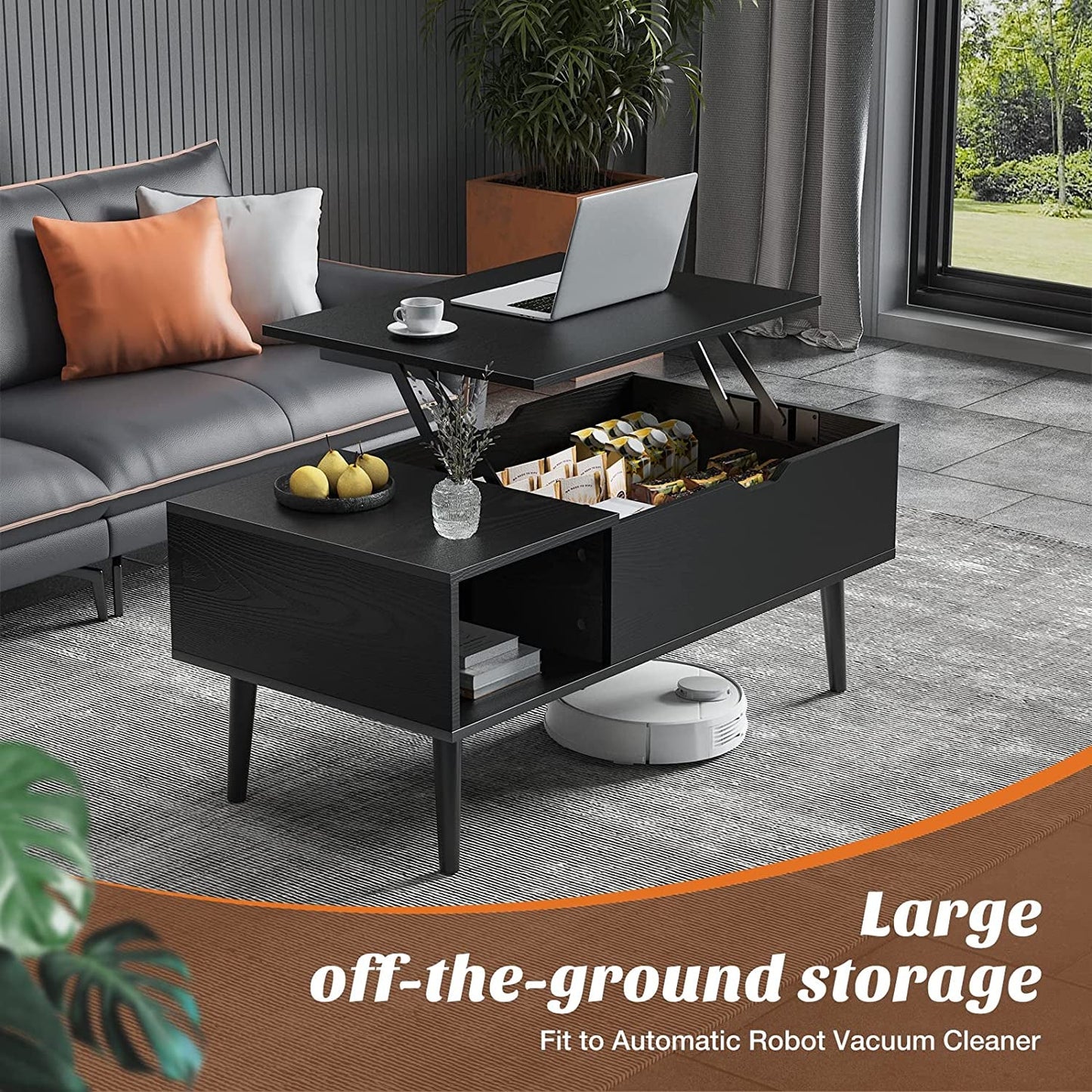 Coffee Table Black, Lift Top Coffee Tables for Living Room, Small Rising Wooden Dining Center Tables with Storage Shelf and Hidden Compartment-2