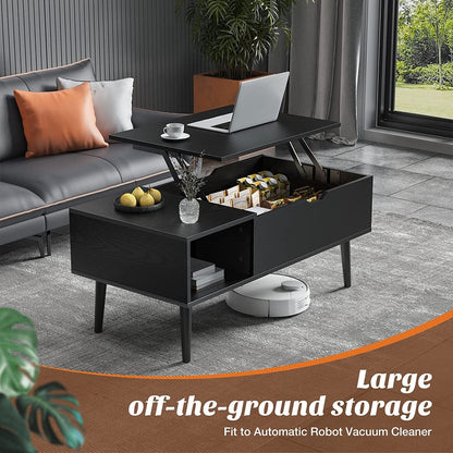 Coffee Table Black, Lift Top Coffee Tables for Living Room, Small Rising Wooden Dining Center Tables with Storage Shelf and Hidden Compartment-2