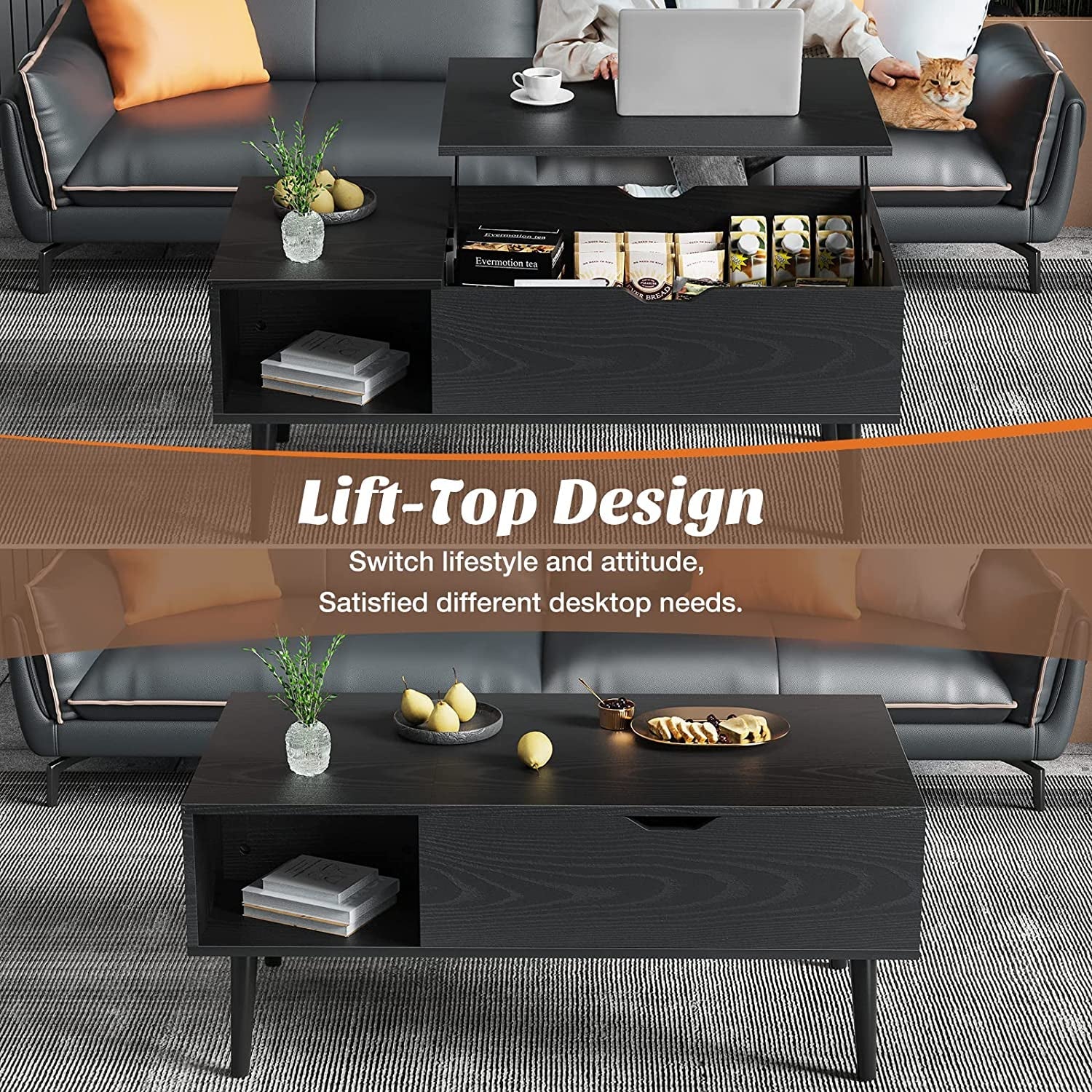 Coffee Table Black, Lift Top Coffee Tables for Living Room, Small Rising Wooden Dining Center Tables with Storage Shelf and Hidden Compartment-3