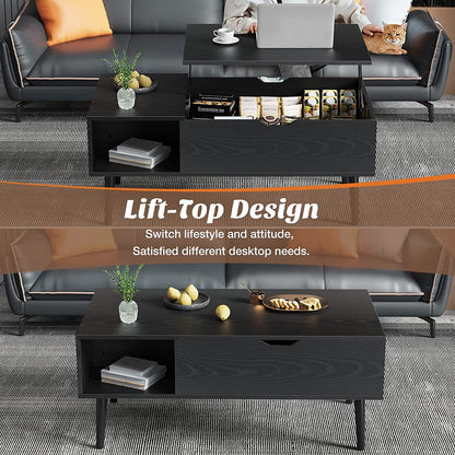 Coffee Table Black, Lift Top Coffee Tables for Living Room, Small Rising Wooden Dining Center Tables with Storage Shelf and Hidden Compartment-3