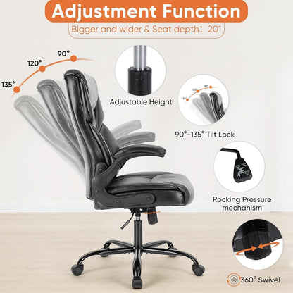 Computer Gaming Chair, Ergonomic Office Chair Heavy Duty Task Desk Chair with Flip-Up Arms, PU Leather, Adjustable Swivel Rolling Chair with Wheels, Black-3