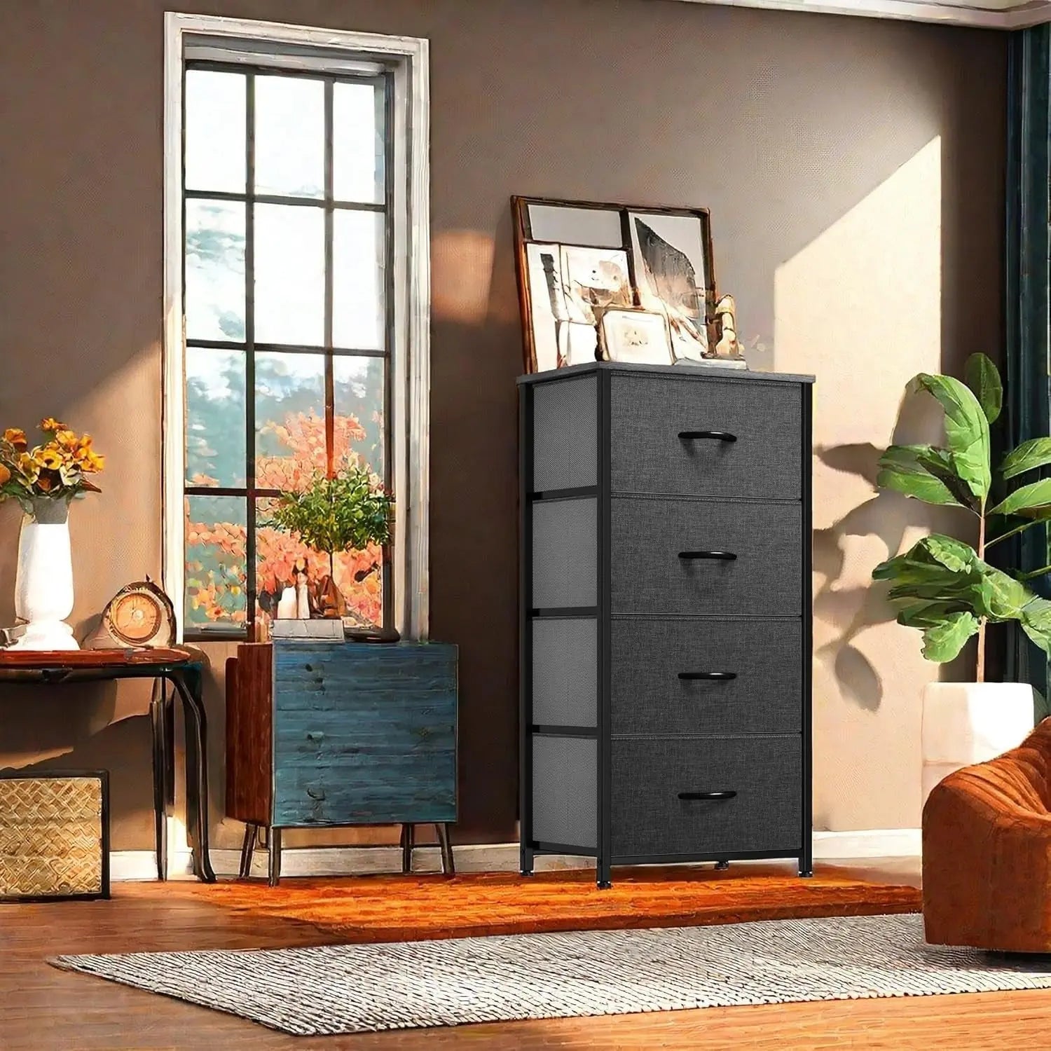 Storage Tower with 4 Drawers - Fabric Dresser, Organizer Unit for Bedroom, Living Room, Closets & Nursery - Sturdy Steel Frame, Easy Pull Fabric Bins & Wooden Top-1