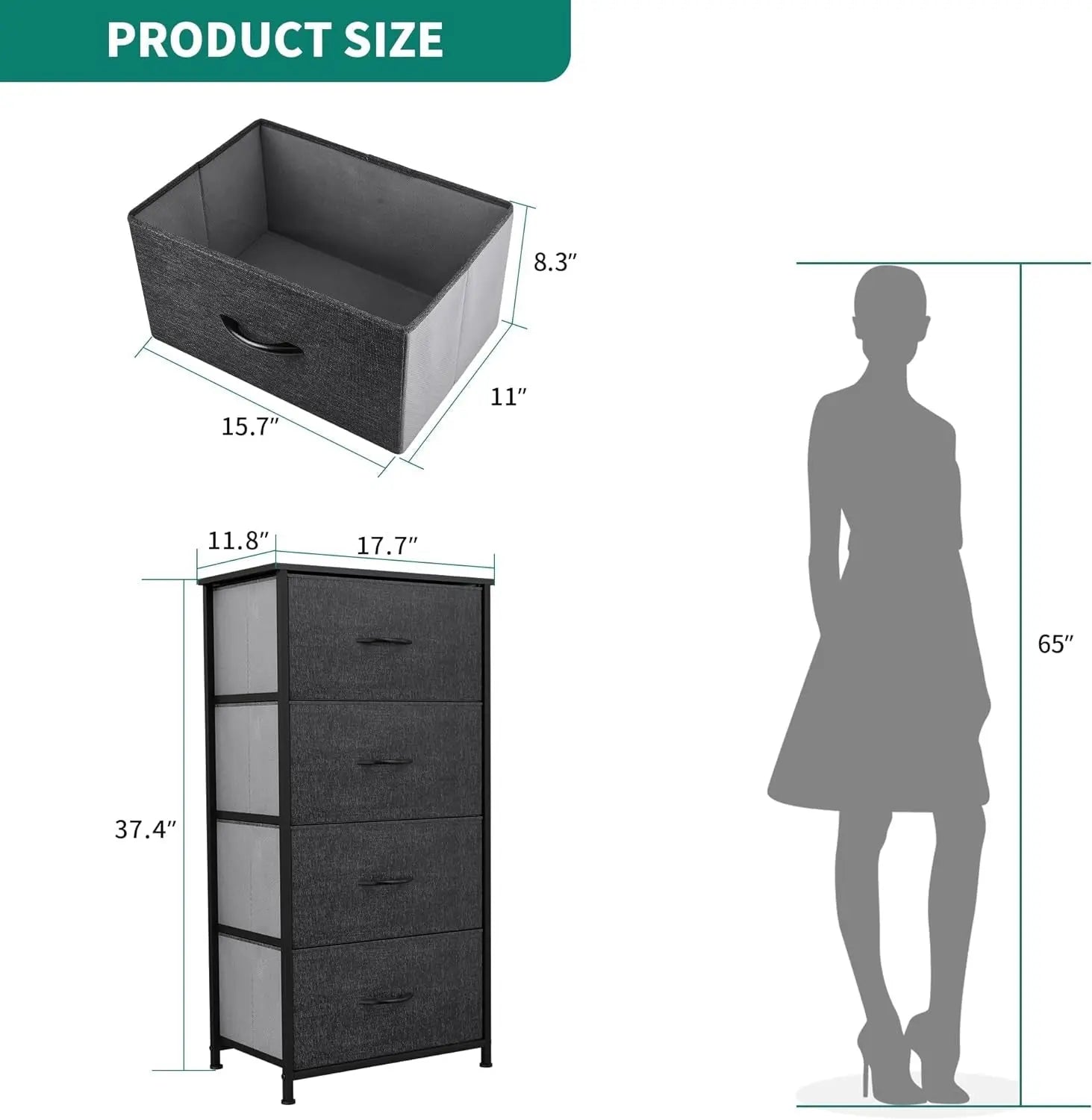 Storage Tower with 4 Drawers - Fabric Dresser, Organizer Unit for Bedroom, Living Room, Closets & Nursery - Sturdy Steel Frame, Easy Pull Fabric Bins & Wooden Top-2