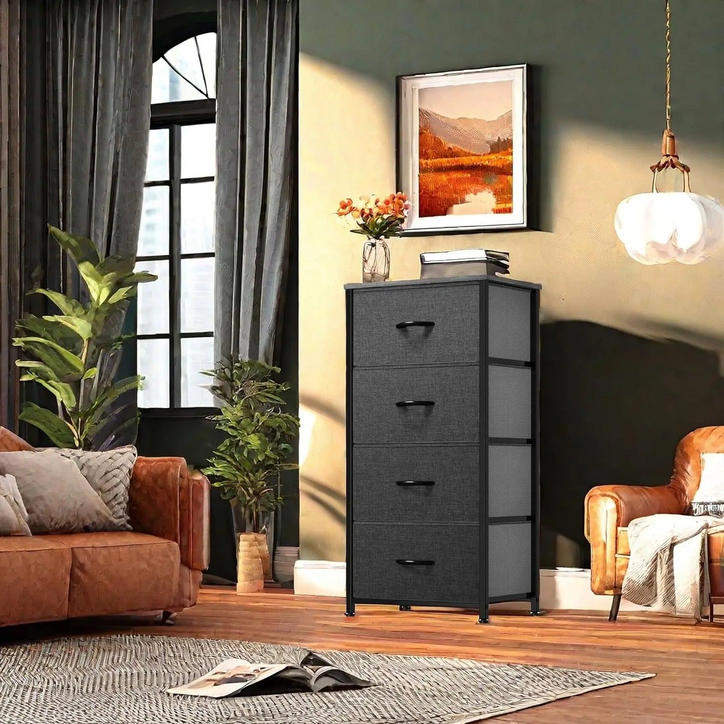 Storage Tower with 4 Drawers - Fabric Dresser, Organizer Unit for Bedroom, Living Room, Closets & Nursery - Sturdy Steel Frame, Easy Pull Fabric Bins & Wooden Top-3