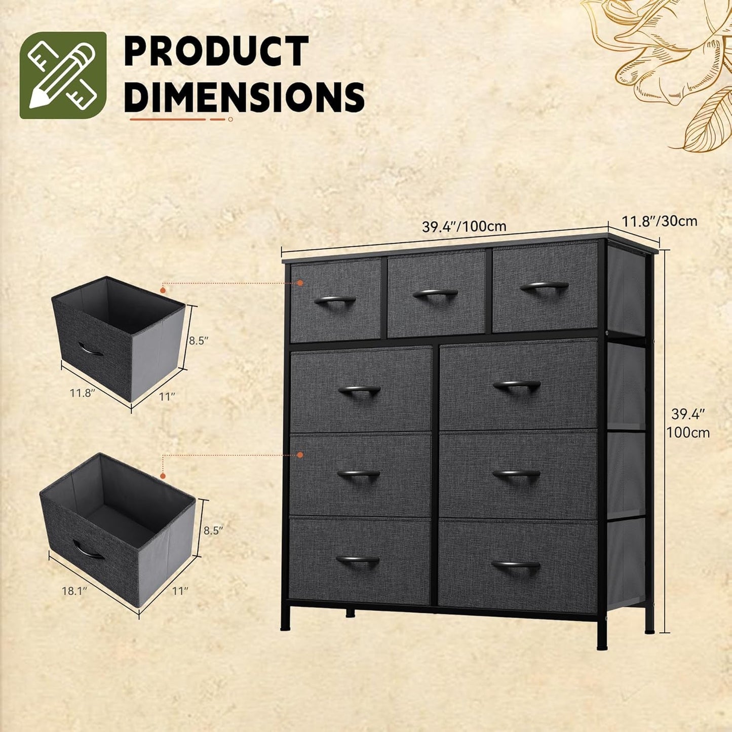9 Drawers Dresser for Bedroom, Fabric Storage Tower for Living Room, Entryway - Sturdy Steel Frame, Wooden Top & Easy Pull Fabric Bins-2