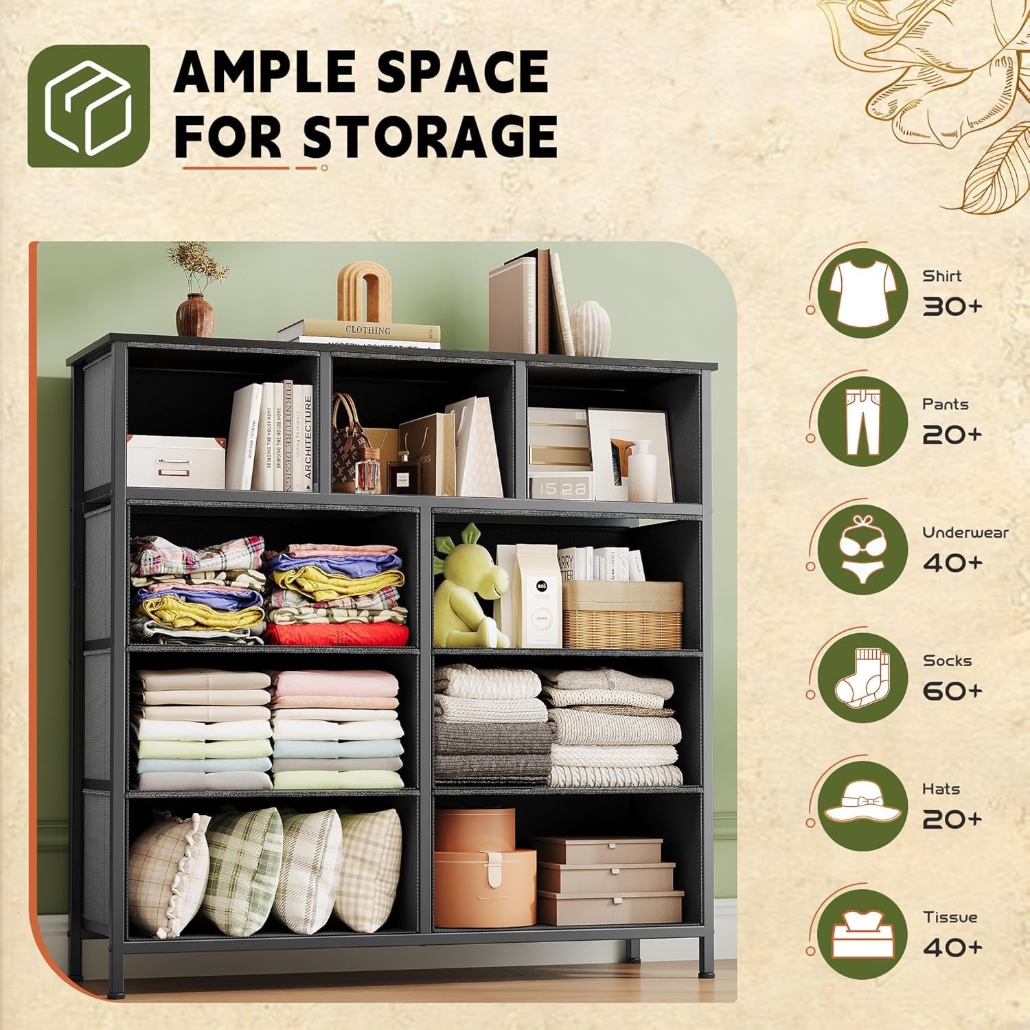 9 Drawers Dresser for Bedroom, Fabric Storage Tower for Living Room, Entryway - Sturdy Steel Frame, Wooden Top & Easy Pull Fabric Bins-4