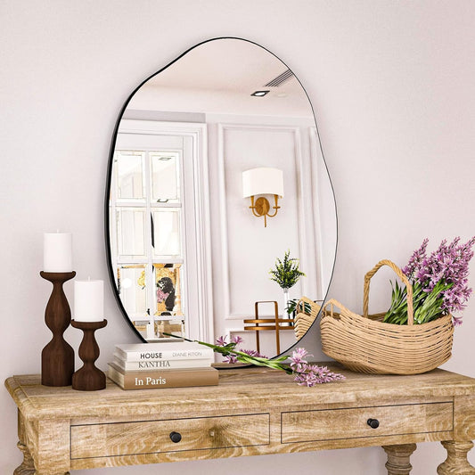 Irregular Wall Mirror 24"X32" Black Asymmetrical Bathroom Mirror Wood Framed Modern Decorative Vanity Mirrors for Bedroom Living Room Entryway-0