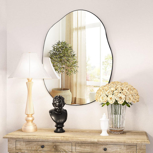 Irregular Wall Mirror 24"X32" Black Asymmetrical Bathroom Mirror Wood Framed Modern Decorative Vanity Mirrors for Bedroom Living Room Entryway-1
