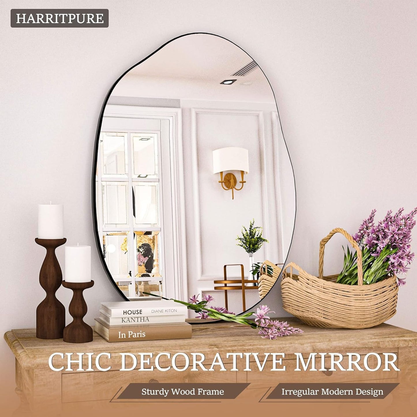 Irregular Wall Mirror 24"X32" Black Asymmetrical Bathroom Mirror Wood Framed Modern Decorative Vanity Mirrors for Bedroom Living Room Entryway-2